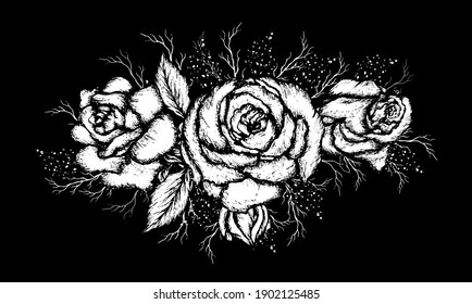 a modern sketch, a pattern of flowers, grass. a hand-drawn floral arrangement isolated on a black background. an element for the design of a greeting card, a holiday invitation. vintage style. vector 