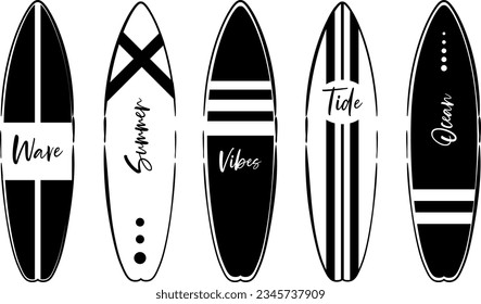 Modern sketch style water sport surf boards in black and white shades