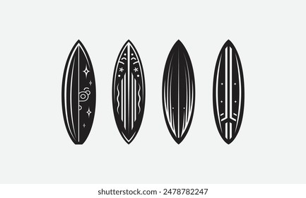 Tablas de surf de estilo sketch moderno para deportes acuáticos en tonos blancos y negros.