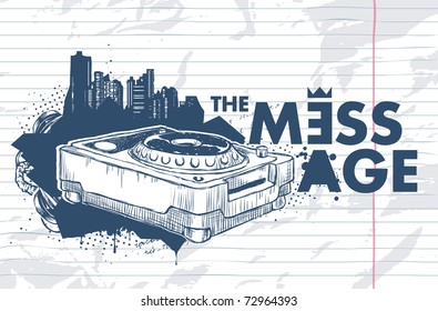 Modern sketchy style banner with turntable. Layered. Vector EPS 10 illustration.