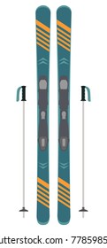 Modern ski and sticks isolated on white. Skiing equipment. Winter sports icon. Vector illustration in flat style
