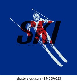 Modern ski t-shirt print with a skier going downhill and bold SKI letters - dynamic winter sports illustration