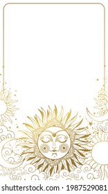 Modern sky background with golden sun with face, astrology and horoscope frame, boho poster with white copy space. Hand drawn vector illustration.