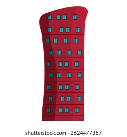 Modern skyscraper with blue windows and unique curved design standing against white background