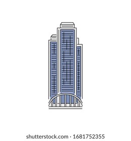 Moderner Wolkenkratzer- oder Stadtsymbol-Bau, Vektorillustration-Illustration im Cartoon-Skizzenstil einzeln auf weißem Hintergrund. Symbol der Landschaftsarchitektur der Metropole.