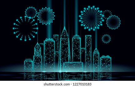 Modern skyscraper holiday Christmas cityscape. New Year 3D polygonal point line dark blue night sky eve greeting card template. Glowing light party city silhouette vector illustration