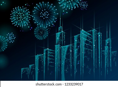 Modern skyscraper holiday Christmas cityscape. New Year 3D polygonal point line dark blue night sky eve greeting card template. Glowing light party city silhouette vector illustration