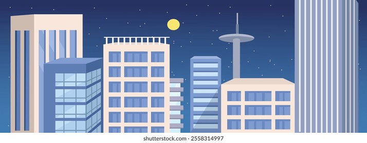 Modern skyscraper. Skyscraper illustration. Building at night. Apartment area. Business district area. Housing. Tall building. Metropolitan building. Tax office center. Ministry office  building. 