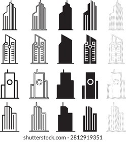 Modern Skyscraper Logo Icons Set and Urban Architecture Corporate Building Elements Bundle
