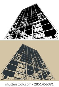 Modern skyscraper looking up from a low angle vector illustration. High contrast geometric architecture, corporate building perspective and future city concept graphic