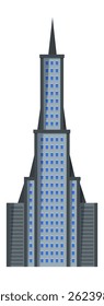 Modern skyscraper with a pointed spire rising above the urban skyline, featuring a sleek design and blue tinted windows reflecting the cityscape