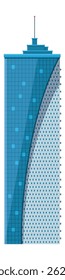 Modern skyscraper rising with blue glass facade and antenna on a white background, representing urban architecture and business center concepts