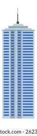 Modern skyscraper rising with blue windows and antenna on top, representing urban development, business, and communication in a contemporary architectural style