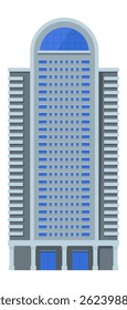 Modern skyscraper standing tall against white background, featuring numerous blue windows and a distinctive arched roof, representing contemporary urban architecture
