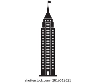 Modern skyscraper tower with flag on top. Minimalist high-rise building against clear sky backdrop for urban design projects.