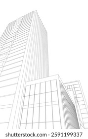 Modern Skyscraper Wireframe. Futuristic Urban Architecture in Abstract Perspective