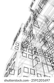 Modern Skyscraper Wireframe. Futuristic Urban Architecture in Abstract Perspective