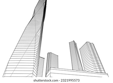 Modern skyscrapers architectural sketch 3d illustration