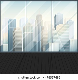 Modern skyscrapers in big city at the morning. modern panoramic office empty interior with window, vector illustration background