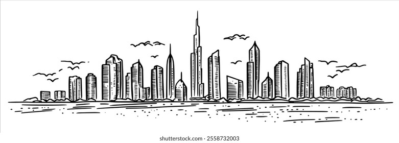 Modern skyscrapers in Dubai city panorama hand drawing doodle hatching vector sketch