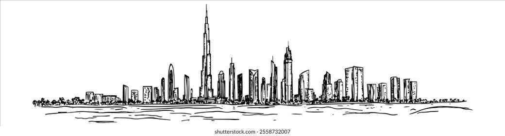 Modern skyscrapers in Dubai city panorama hand drawing doodle hatching vector sketch