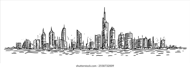 Modern skyscrapers in Dubai city panorama hand drawing doodle hatching vector sketch