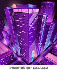 Modern skyscrapers illuminated buildings group isometric projection vector in violet, neon colors. Metropolis downtown district futuristic architecture illustration. Business real estate background