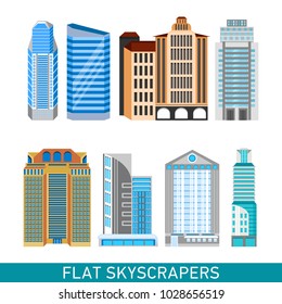Modern skyscrapers set in flat style. Vector illustration for busines infographics. City design elements.