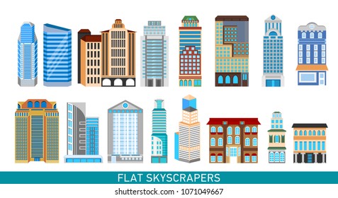 Modern skyscrapers set in flat style. Vector illustration for busines infographics. City design elements.
