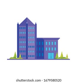 modern skyscrapers vector icon. Blue and purple Urban buildings with plants, trees and landscape. Vector illustration