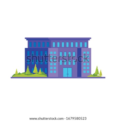 modern skyscrapers vector icon. Blue and purple Urban buildings with plants, trees and landscape. Vector illustration