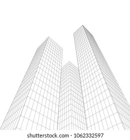 Modern skyscrapers, view from below. 3d vector model. Stylish architectural background.