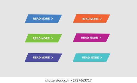Conjunto de Botón Leer más inclinado moderno para diseño de interfaz de usuario de Sitio web, Elementos gráficos coloridos de llamada a la acción para Páginas de Blog y aterrizaje, Iconos de interfaz de Web de Profesional