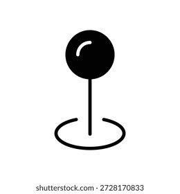 Un moderno y elegante icono de glifo sólido negro que representa un pin de mapa o marcador de ubicación. El diseño presenta una parte superior esférica con un sutil resalte blanco, fijado a un tallo de Vertical recto que se encuentra en una base semicircular, que simboliza un punto marcado en un mapa o ubicación física. Este ícono versátil es ideal para su uso en mapas digitales, aplicaciones de navegación, Sitios web e interfaces donde es necesario indicar un punto de interés específico o una posición actual.