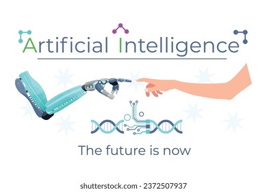 Un concepto moderno y elegante para la inteligencia artificial, con un brazo robótico apuntando a una mano humana. El texto "Inteligencia artificial: El futuro es ahora" se muestra debajo del concepto. Esta Con