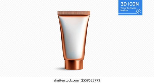 A modern and sleek cosmetic tube is displayed against a neutral background, emphasizing its shiny surface and elegant copper cap, suitable for various beauty products.