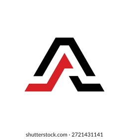 Diseño gráfico moderno y elegante con una letra estilizada A en colores negros y rojos contrastantes, que simboliza la fuerza, el crecimiento y el movimiento hacia adelante para la marca corporativa