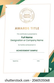 Modern and sleek green gold certificate design in portrait format and white background. Certificate with geometry lines and triangle elements