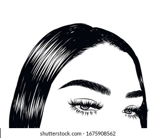 Modern sleek hairstyle of a beautiful girl and baby hairs. Glam eye look with full natural eyebrow and luxe eyelashes. Salon logo template for brochures