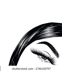 Modern Sleek Hairstyle Of A Beautiful Girl And Baby Hairs. Glam Eye Look With Full Natural Eyebrow And Luxe Eyelashes. Salon Logo Template For Brochures