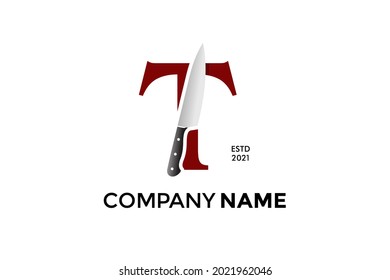 Modernes und elegantes Logo-Design Initial T kombiniert mit Küchenmesser. Das Logo kann auch in kleiner und schwarz-weißer Farbe funktionieren.
