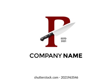 Diseño del logotipo de la ilustración moderna y elegante Inicialmente P combinando con cuchillo de cocina. El logotipo puede funcionar también en un tamaño reducido y en un color blanco negro.