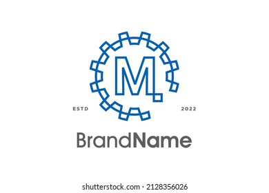 Modern and Sleek Illustration logo design Initial M Combining with gear. Logo can use for any company.