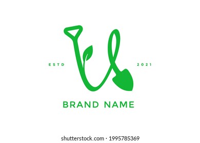 Modern and Sleek logo design Initial V Shovel and leaf.