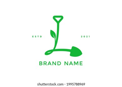 Modern and Sleek logo design Initial L Shovel and leaf.