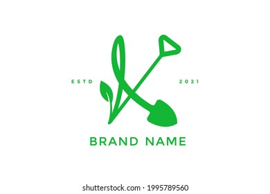 Modern and Sleek logo design Initial K Shovel and leaf.