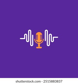  A modern and sleek logo design for a podcast. The central element of the design is a vintage-style microphone, symbolizing voice and communication. Surrounding the microphone are dynamic sound waves,