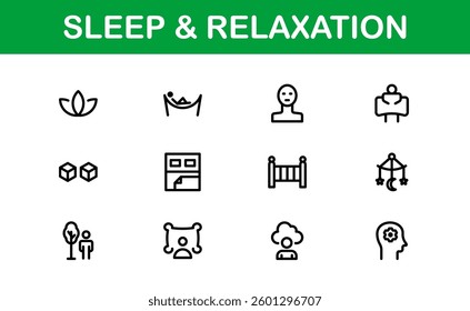 Modern Sleep and Relaxation Icon Set Vector Illustration. Featuring Essential Symbols for Rest, Calm, and Comfort