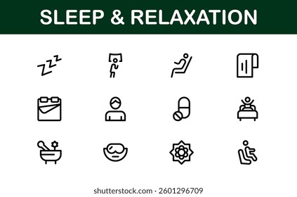 Modern Sleep and Relaxation Icon Set Vector Illustration. Featuring Essential Symbols for Rest, Calm, and Comfort