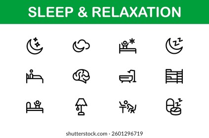 Modern Sleep and Relaxation Icon Set Vector Illustration. Featuring Essential Symbols for Rest, Calm, and Comfort
